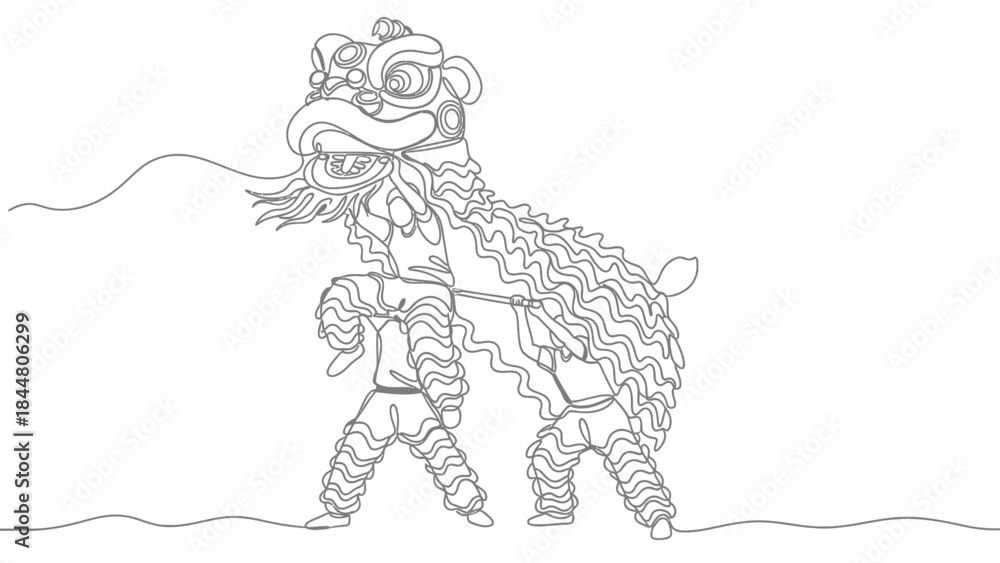 Fototapeta premium Line Art Illustration of Traditional Chinese Lion Dance Performer with Lion Costume