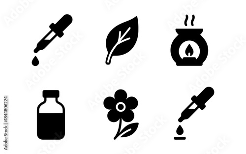 Essential oil and aromatherapy icons in a minimalist black and white style