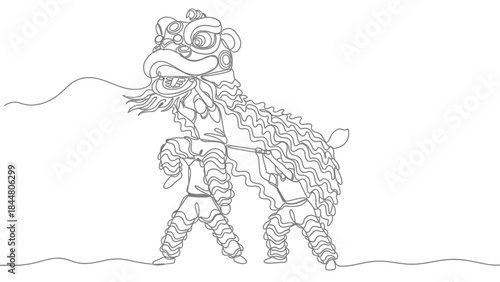 Line Art Illustration of Traditional Chinese Lion Dance Performer with Lion Costume