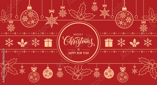 Elegant red Christmas and New Year greeting card background with golden ornaments, hanging baubles, snowflakes, holly leaves and festive typography ideal for holiday banners, invitations and seasonal 