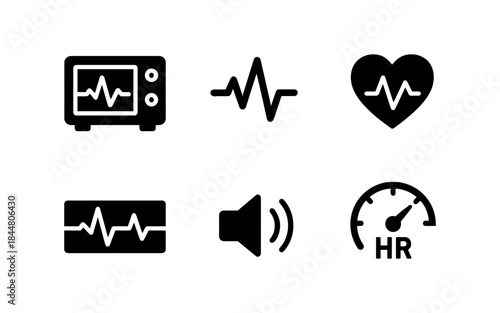 Medical icons representing heart rate, sound, and other vital signs