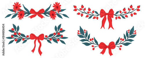 Set of Christmas garlands with holly leaves, berries, and a bow. Vector illustration on a white background, flat design, simple line art.