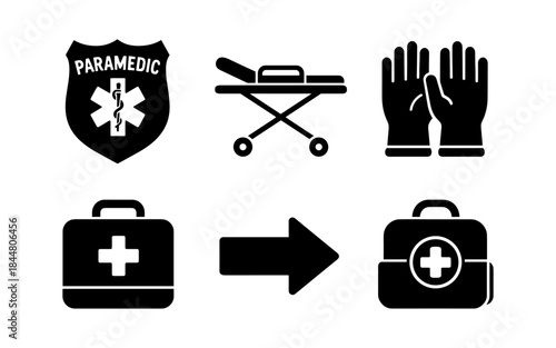 Paramedic and medical icons in black and white on a white background