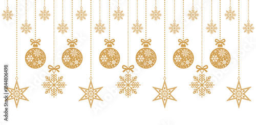 Elegant Christmas background with golden hanging stars, snowflakes and baubles on white, minimalist festive border design perfect for holiday greeting cards, invitations, banners.