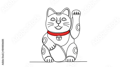 Line Drawing of a Lucky Cat with Waving Paw and Bell Accessory for Good Fortune