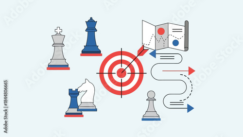 Business strategy concept with chess pieces, target, and roadmap for goal achievement and planning success