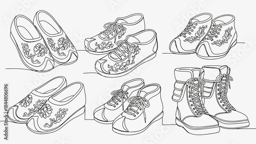 Line Drawing of Various Casual and Athletic Footwear Styles Including Sneakers Sandals and Boots