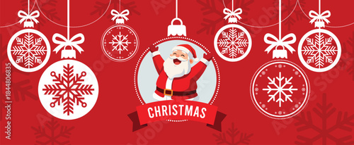 Cheerful red Christmas background with cute cartoon Santa Claus in center, surrounded by white hanging baubles and snowflake ornaments, perfect festive illustration for holiday banners, cards and web 