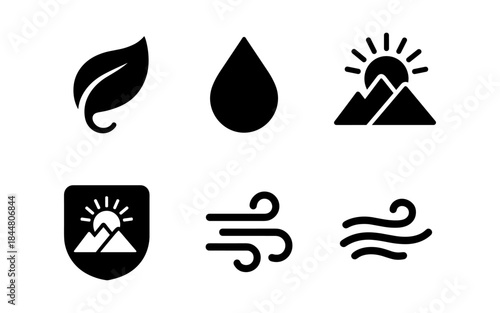 Minimalist Icons Representing Nature's Elements on a White Background