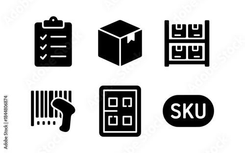 Inventory management and logistics icons in a simple, modern style