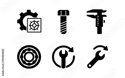 Mechanical engineering and repair tools in bold black silhouette style