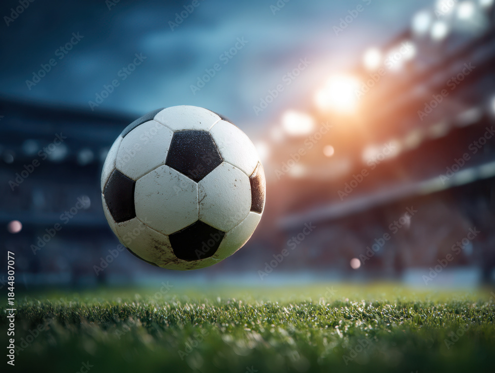 Naklejka premium A classic black and white patterned soccer ball floating above the grass field in a brightly lit stadium with blurred audience and lights in the background