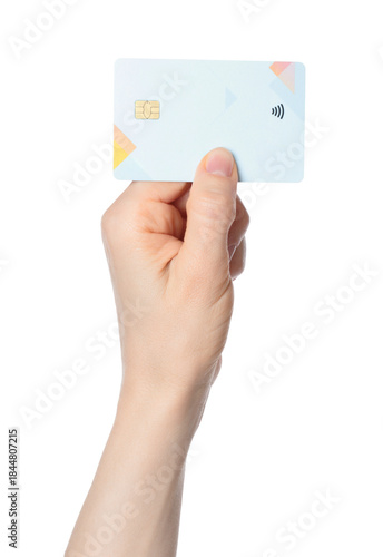 Hand holding a bank card with a chip, isolated on transparent background. Ideal for finance, payment, banking, digital transactions, and security-themed projects