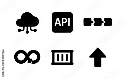 Cloud computing, API, and DevOps icons in a modern, minimalist style