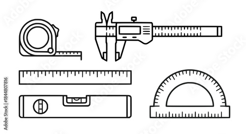 Line art illustration of measuring tools types set including ruler caliper tape measure spirit level and protractor arranged neatly in black outline style showing precision and accuracy    