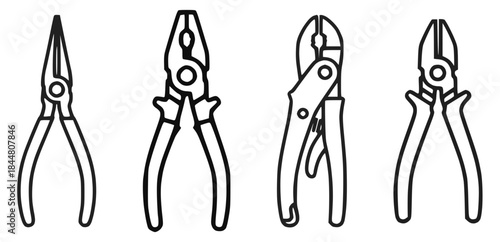 Set of pliers tool types icons in black outline line art style , different plier shapes  arranged in row with clean curves for mechanical work and electrical tasks concept of repair precision and work