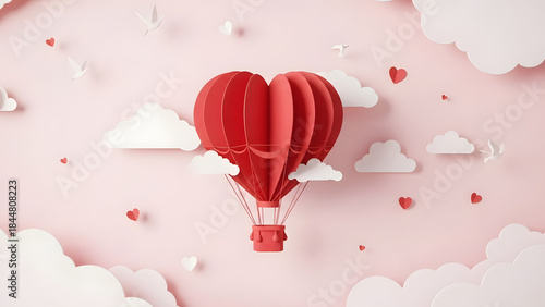 Romantic Aerostat Heart Shape on Light Pink Background Paper Cut Style Elegant Valentine Love Symbolic Flight