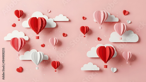 Whimsical Pink Skyscape Heart Balloons Paper Art Love Celebration Valentine s Day