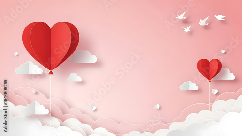 Pink Papercut Sky with Red Heart Balloons for Valentines Day Anniversary Romance