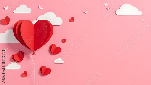 Romantic Red Heart Balloon Papercraft on Peach Background Sweet Valentine Celebration