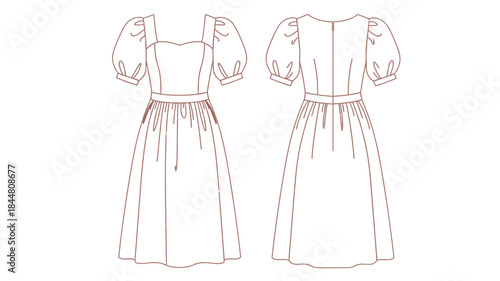 Fashion design sketch of a square neckline dress with puffy sleeves front and back view