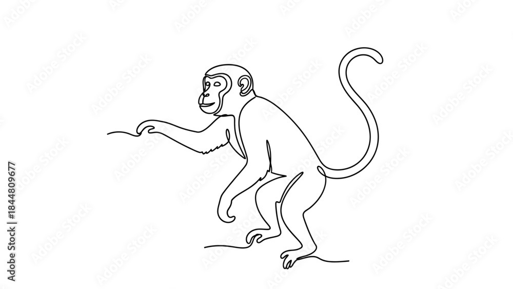 Fototapeta premium Minimalist Line Drawing of a Curious Monkey Extending Its Hand in a Simple Artistic Style