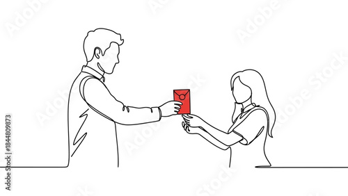 Minimalist Line Drawing of a Man Giving a Gift to a Woman in a Simple Scene