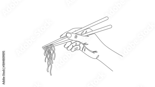 Minimalist Line Drawing of a Hand Holding Chopsticks That Grasp Noodles in a Simple Illustration