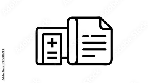 Medical bill and prescription icon with plus sign.