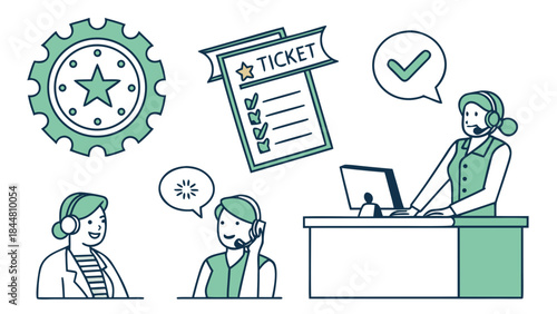 Customer service representatives and support icons.