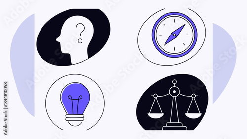 Four Icons Representing Decision Making and Problem Solving Concepts.