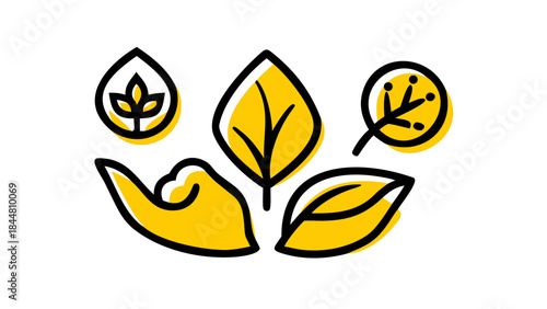 Hand holding leaves and plant icons symbolizing nature and growth.