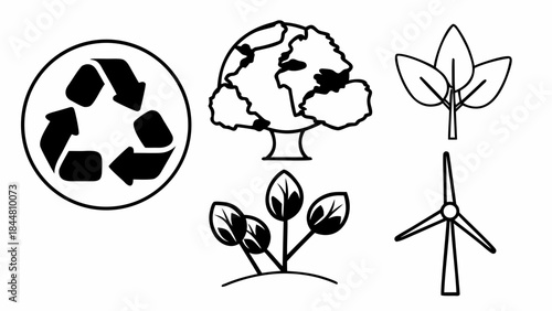 Collection of environmental conservation icons including recycling and renewable energy.