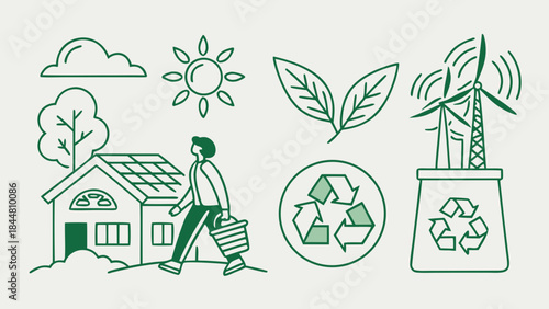 Eco friendly living and renewable energy concept illustration.