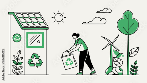 Person recycling and renewable energy sources illustration.