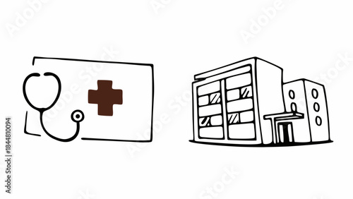 Medical symbol and hospital building sketch.