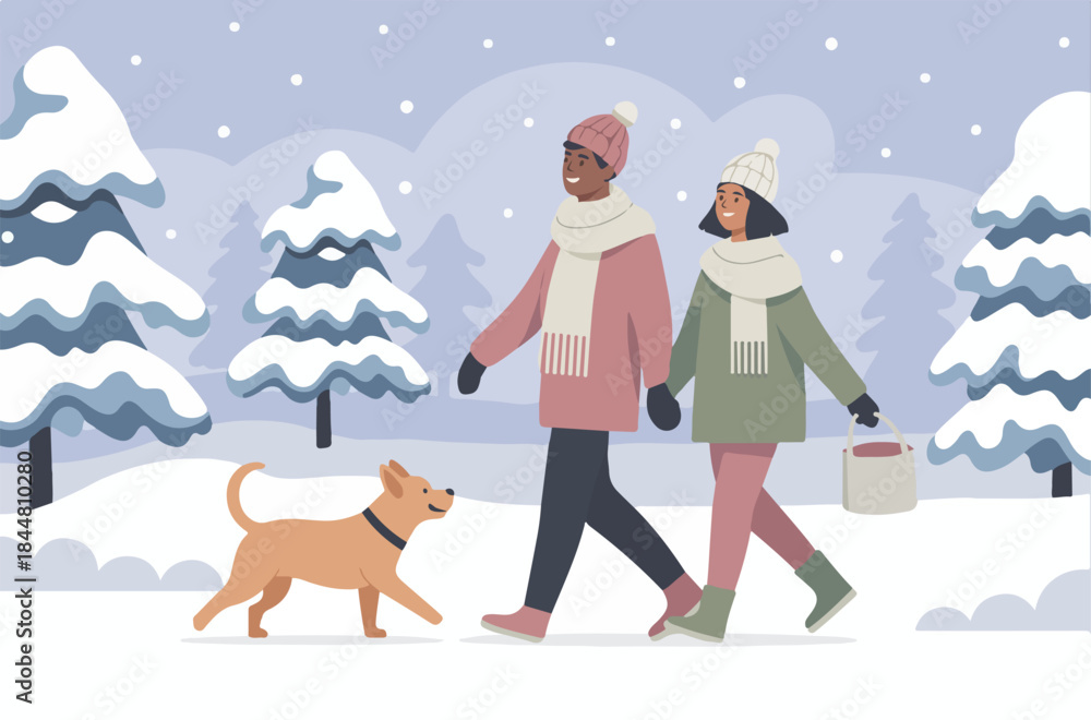 Fototapeta premium African American couple walking in snowy landscape, holding hands with a playful dog, surrounded by snow-covered trees, enjoying a winter day outdoors with a joyful atmosphere