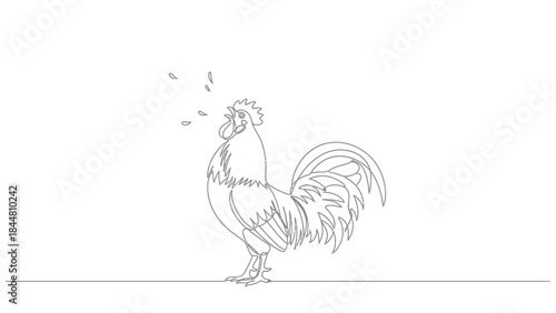 Minimalist Line Drawing of a Rooster with Embellished Tail Feathers and Expressive Beak