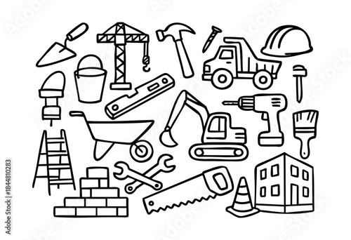 A comprehensive collection of hand-drawn doodle icons representing various construction vehicles, building elements, and worker tools on a clean white background — stock vector.