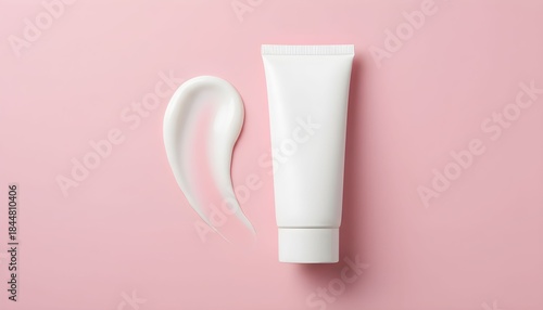 White cosmetic cream tube with a swirl of product on a pink background representing skincare and beauty product advertising