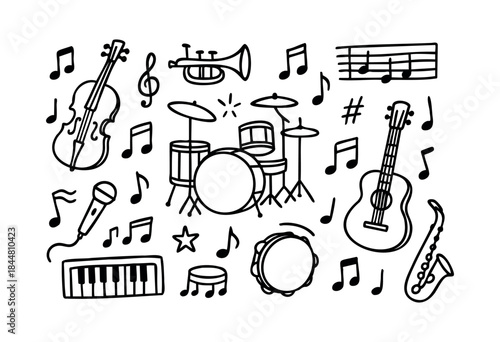 A charming collection of hand-drawn doodle-style musical instruments and notes on a clean white background, perfect for various music-themed designs — stock vector.