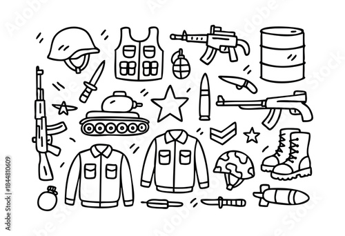 A hand-drawn collection of army equipment, uniforms, and weaponry in a black outline doodle style, perfect for military-themed designs and educational materials. — stock vector.