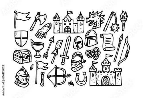 A hand-drawn collection of medieval and fantasy elements, featuring castles, knights' armor, weapons, mythical creatures, and ancient artifacts — stock vector.