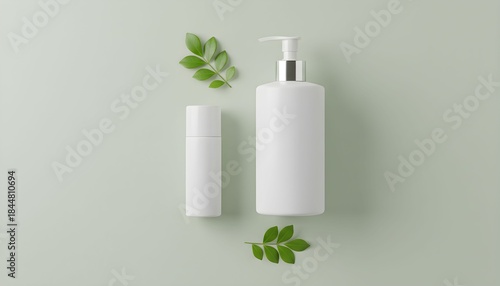 Wallpaper Mural Two white cosmetic bottles with green leaves a minimalist flat lay for natural skincare and beauty product branding isolated on a soft green background Torontodigital.ca