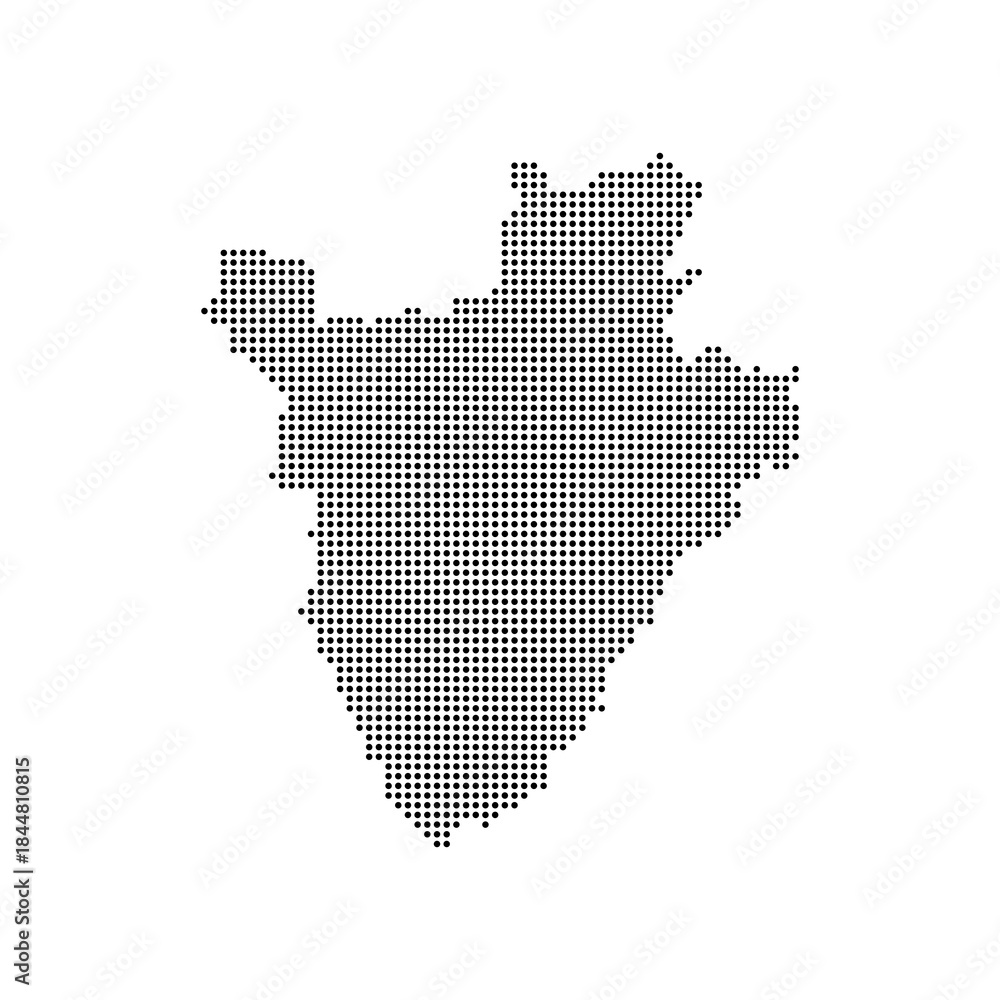 Obraz premium dotted halftone black silhouette of burundi map isolated. burundi country map for travel and presentation. burundi halftones map vector illustration. world maps circle. global map.