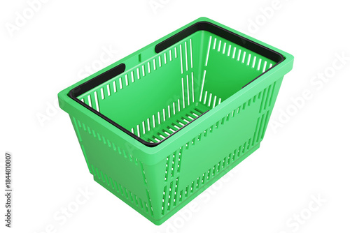Plastic shopping basket on isolated background. Store empty basket. Supermarket shopping cart. 3d rendering.