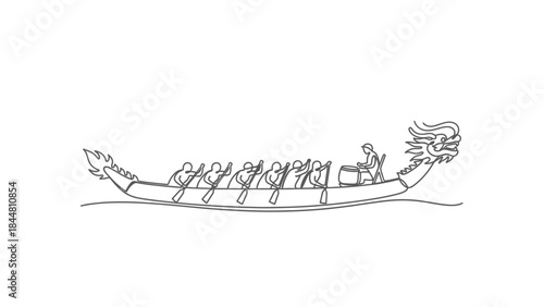 Minimalist Line Drawing of a Traditional Dragon Boat with Rowers and a Drummer