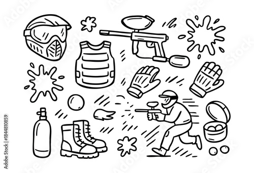 A comprehensive collection of hand-drawn paintball elements, featuring a player in action, gear, and paint splatters — stock vector.