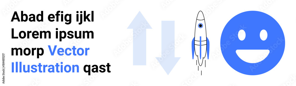 Fototapeta premium Business growth, motivation, technology, success, positivity, decision-making. Rocket icon with arrows pointing up and down near a smiling face. Business growth and motivation concept