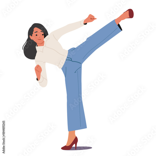 Young businesswoman cartoon character making karate kick with leg isolated on white background